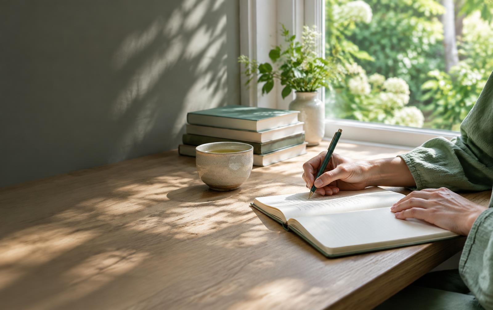 A writer working in a notebook at a sunlit desk beside a garden window