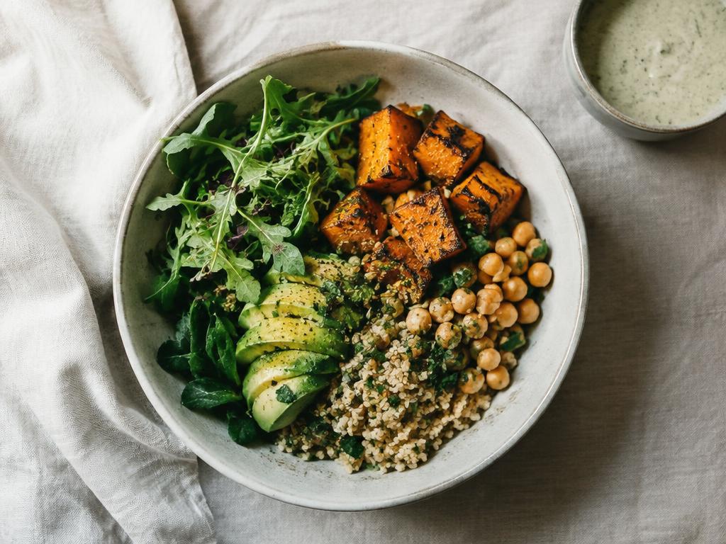 Bowl of greens, grains and roasted vegetables