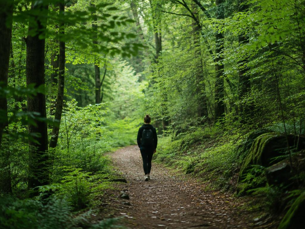 Person walking a forest path