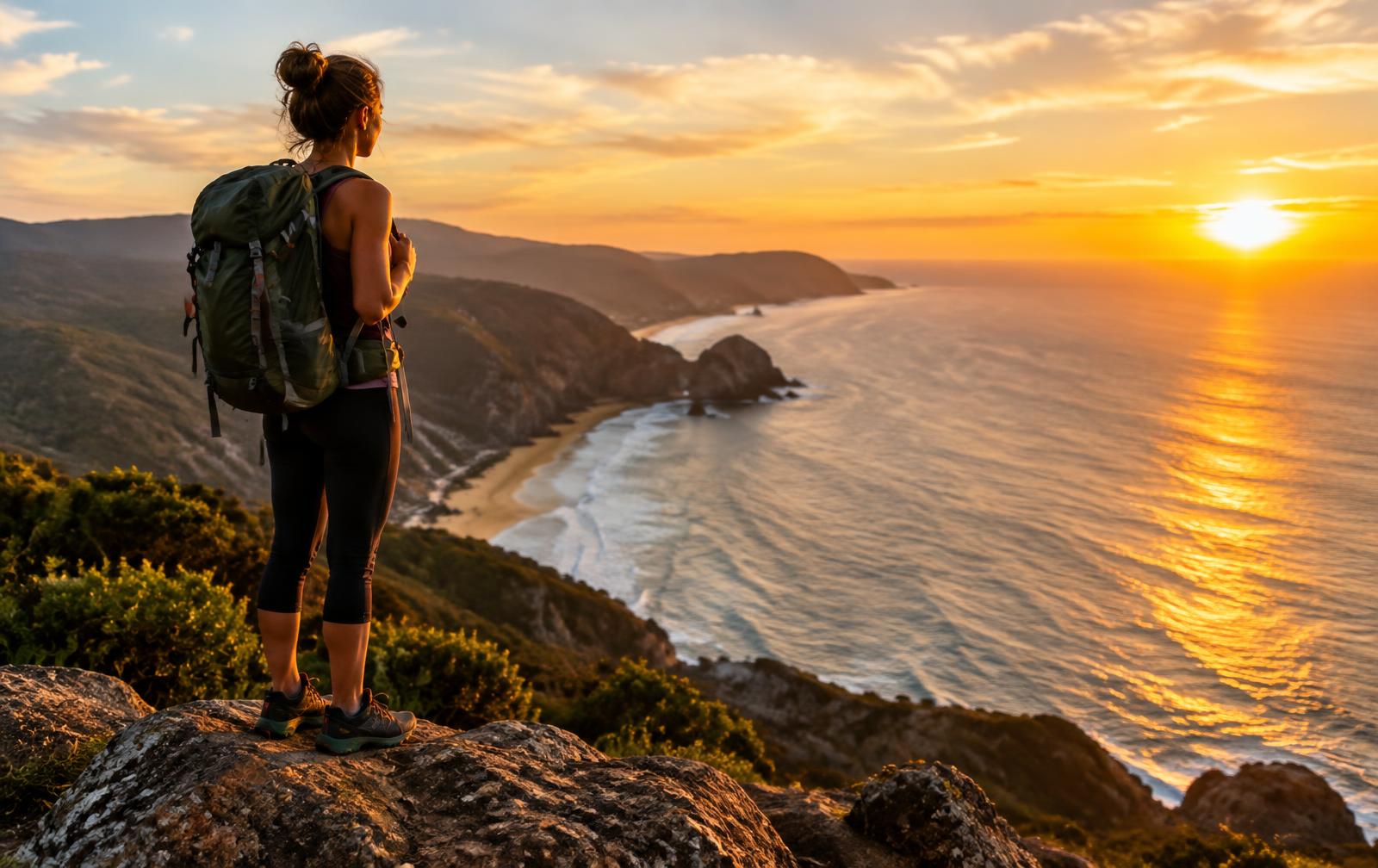 Hiker looking out over a coastline at sunset