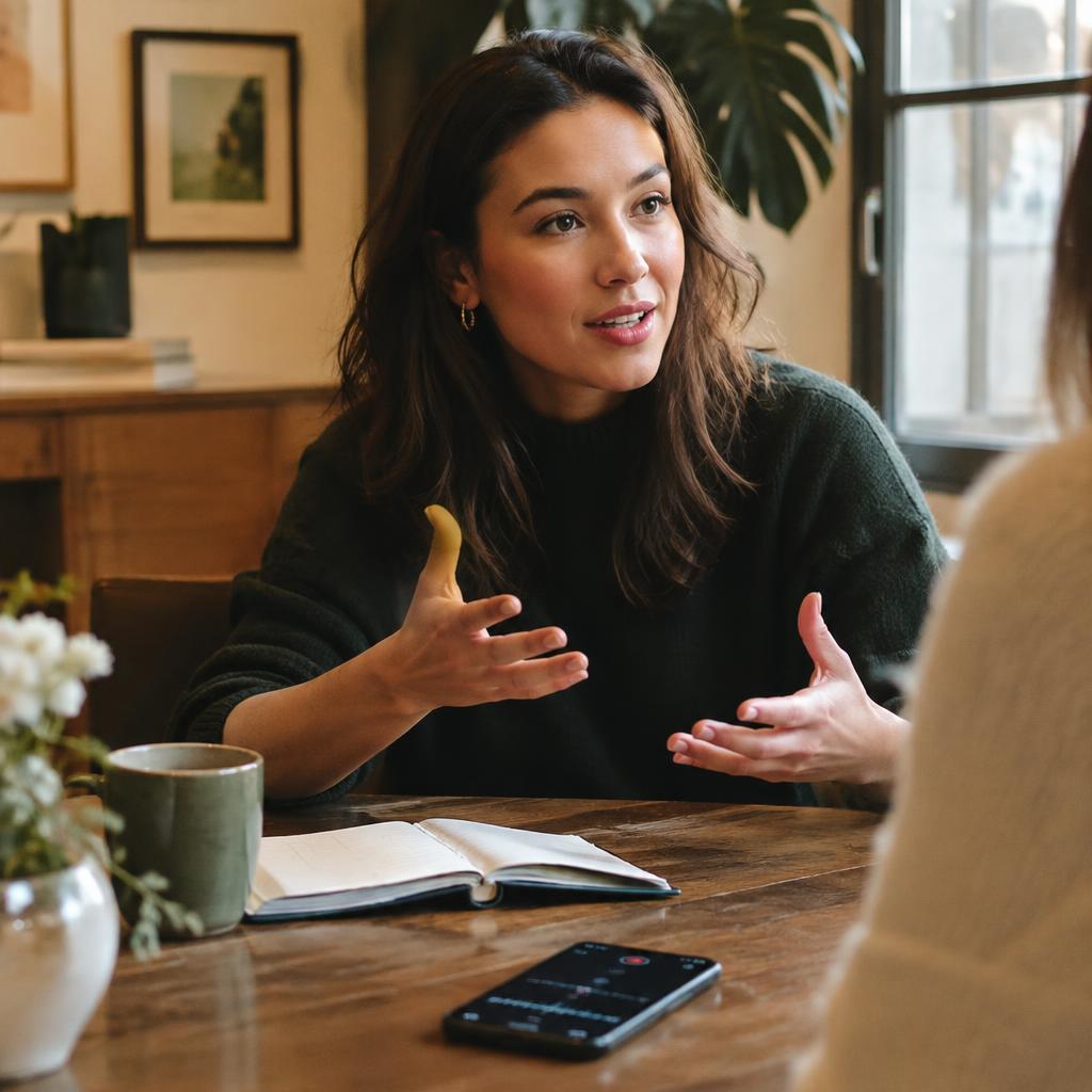A founder sharing their story across a wooden table with a notebook and coffee