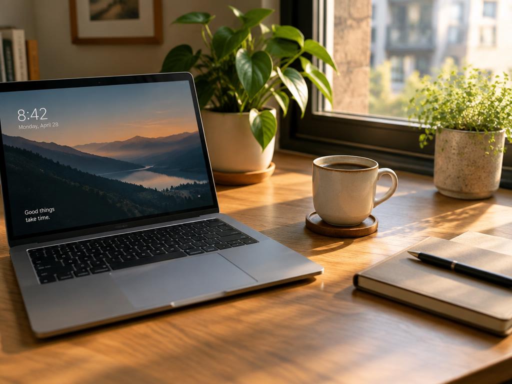 Laptop and coffee on a sunny desk